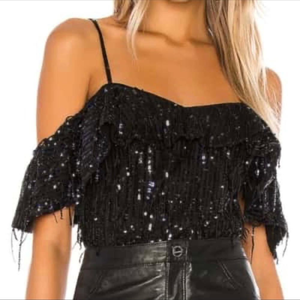 Aidan by Aidan Mattox Festive Black Sequin Fringe Crop Top Size Large NEW